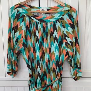 Milly scoop neck patterned 3/4 sleeve self-tie cotton dress.